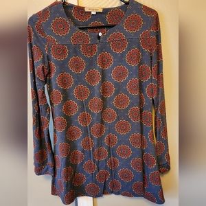 Windhorse - Women's Size S/M Blue Long Sleeve Tunic with red and blue mandalas